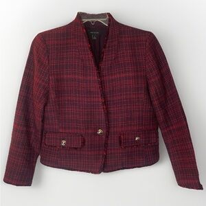 Elegant Ann Taylor Blazer Plaid Fringe Tweed Jacket Size 12 Lined